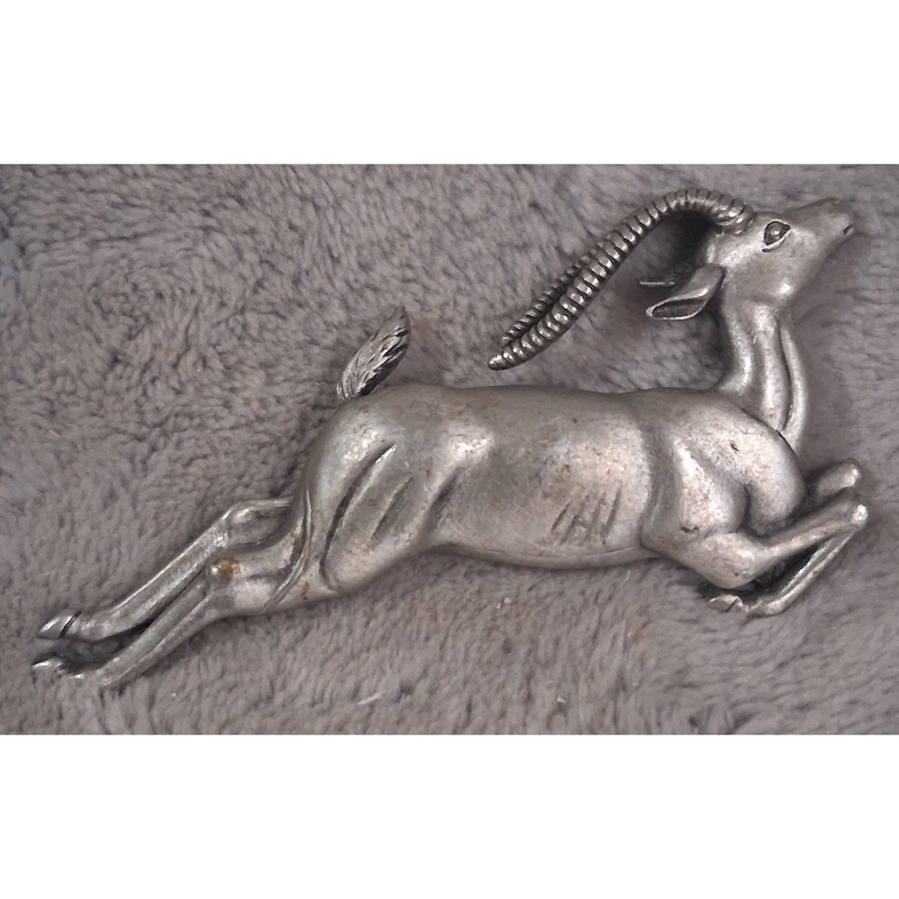 Vintage JJ Jonette Jewelry Pewter Leaping Gazelle Antelope Brooch Pin Silver